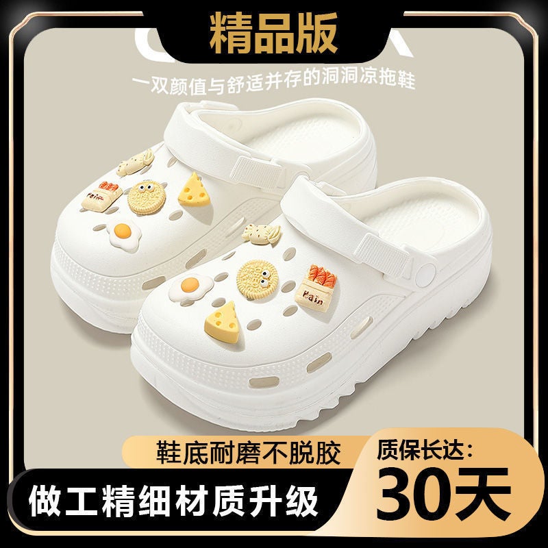 Couples Hole Shoes Womens Summer New EVA Thick Sole Slip-on Non-slip Non-stinky Fashion Beach Sandals for Men and Women White [black version] FBJ