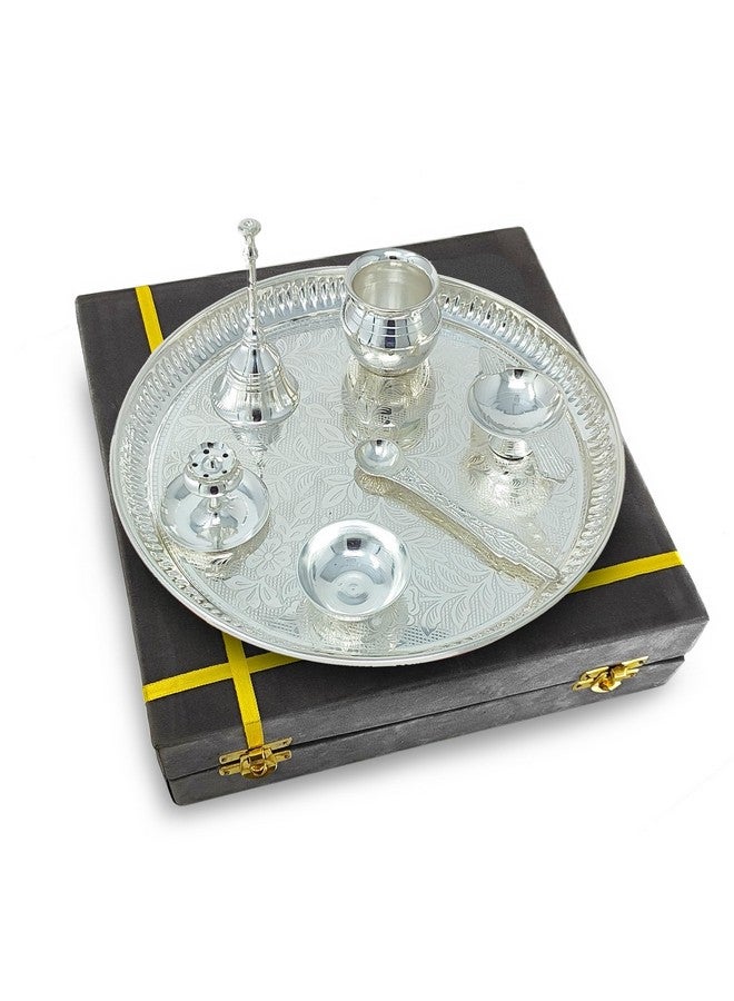 BENGALEN BENGALEN Pooja Thali Set Silver Plated with Grey Gift Box Designed 8 Inch Puja Plate Kalash Bowl Ghanti Spoon Dhup Dan Diya for Home Office Diwali Wedding Return Gift Items  - Image 5