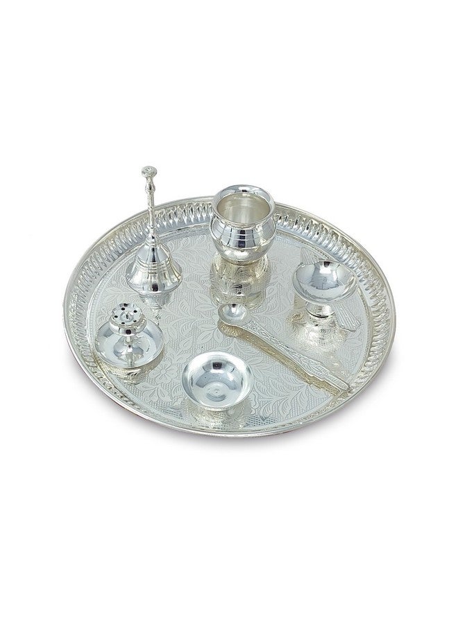 BENGALEN BENGALEN Pooja Thali Set Silver Plated with Grey Gift Box Designed 8 Inch Puja Plate Kalash Bowl Ghanti Spoon Dhup Dan Diya for Home Office Diwali Wedding Return Gift Items  - Image 4