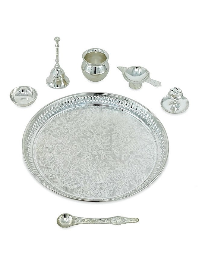 BENGALEN BENGALEN Pooja Thali Set Silver Plated with Grey Gift Box Designed 8 Inch Puja Plate Kalash Bowl Ghanti Spoon Dhup Dan Diya for Home Office Diwali Wedding Return Gift Items  - Image 3