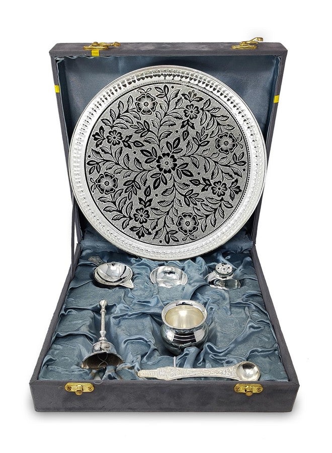 BENGALEN BENGALEN Pooja Thali Set Silver Plated with Grey Gift Box Designed 8 Inch Puja Plate Kalash Bowl Ghanti Spoon Dhup Dan Diya for Home Office Diwali Wedding Return Gift Items  - Image 1
