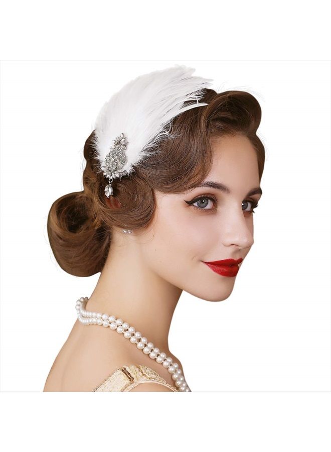 SWEETV 1920s Feather Headpiece Flapper Headband, Roaring 20s Hair Accessories Great Gatsby Hair Clip White - Image 1