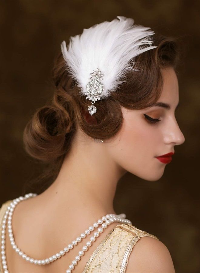 SWEETV 1920s Feather Headpiece Flapper Headband, Roaring 20s Hair Accessories Great Gatsby Hair Clip White - Image 4