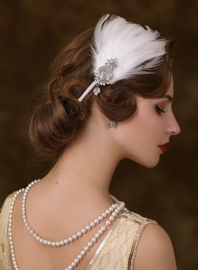 SWEETV 1920s Feather Headpiece Flapper Headband, Roaring 20s Hair Accessories Great Gatsby Hair Clip White - Image 5