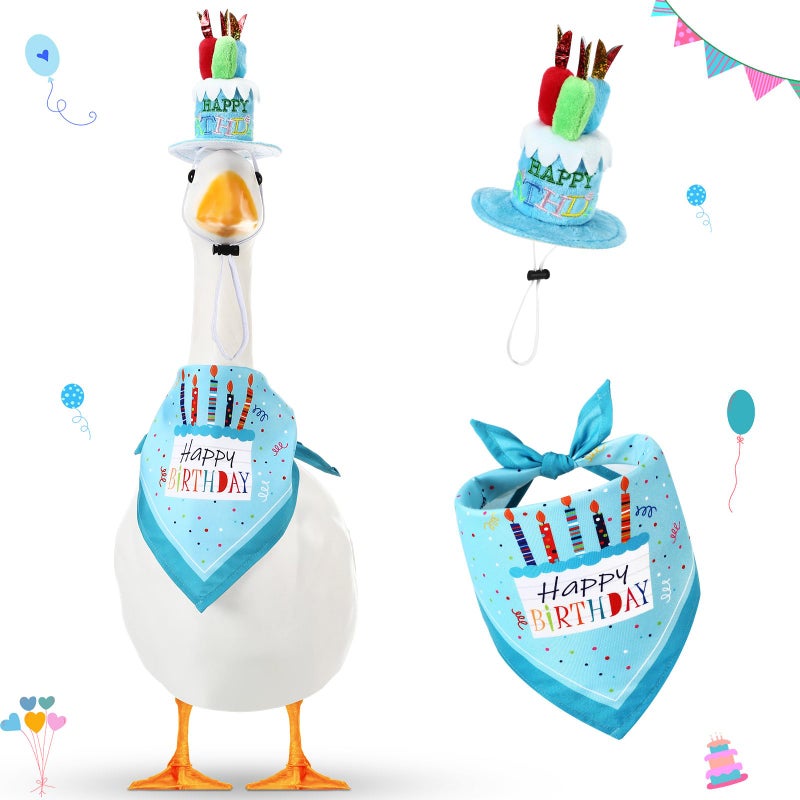 Dansydaisy Happy Birthday Goose Outfit Porch Goose Outfits with Happy Birthday Cake Hat and Bandana Yard Geese Outfits for 23" 17" Cement Plastic Geese Duck Decorations(Style 2,Blue) - Image 1