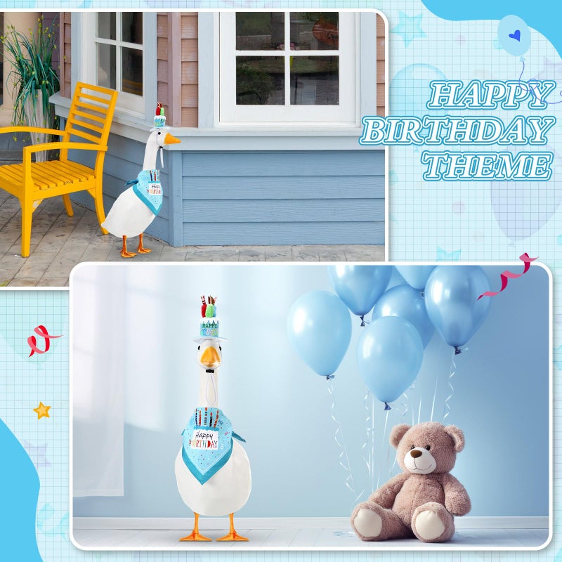 Dansydaisy Happy Birthday Goose Outfit Porch Goose Outfits with Happy Birthday Cake Hat and Bandana Yard Geese Outfits for 23" 17" Cement Plastic Geese Duck Decorations(Style 2,Blue) - Image 5
