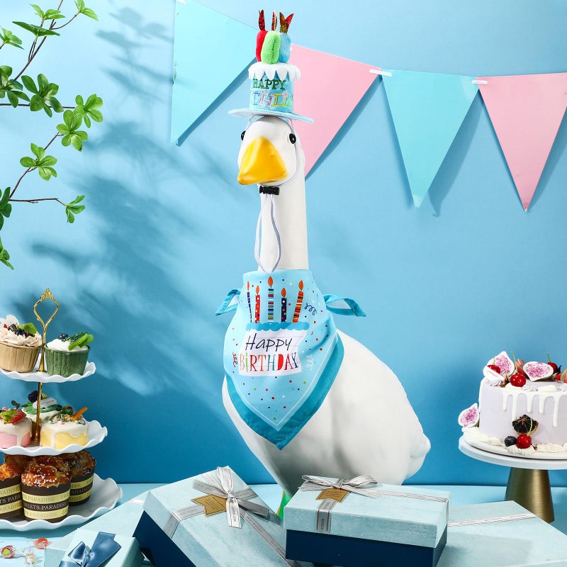 Dansydaisy Happy Birthday Goose Outfit Porch Goose Outfits with Happy Birthday Cake Hat and Bandana Yard Geese Outfits for 23" 17" Cement Plastic Geese Duck Decorations(Style 2,Blue) - Image 4