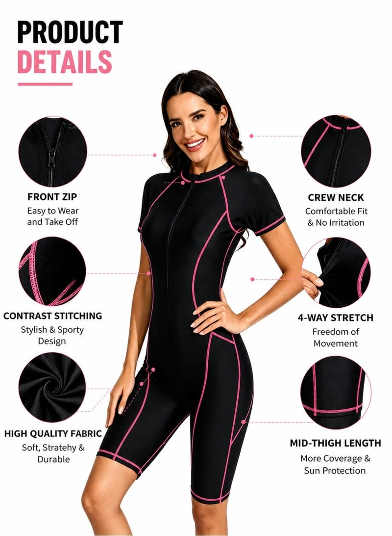 FUREUL Women's One-piece Short Sleeve Quick Dry Swimsuit|Short Sleeve Sun Protection Swimsuit |Skinny Conservative Quick Dry Sports One-piece Swimsuit for Beach and Pool - Image 2