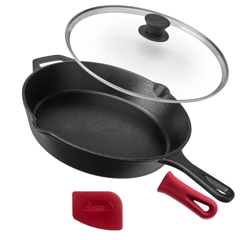 Cuisinel Cast Iron Skillet with Lid - 12"-Inch Frying Pan + Glass Cover + Silicone Handle Holder - PFAS and PFOA-free Pre-Seasoned Oven Safe Cookware - Indoor/Outdoor Use - Grill, BBQ, Fire, Stovetop - Image 1
