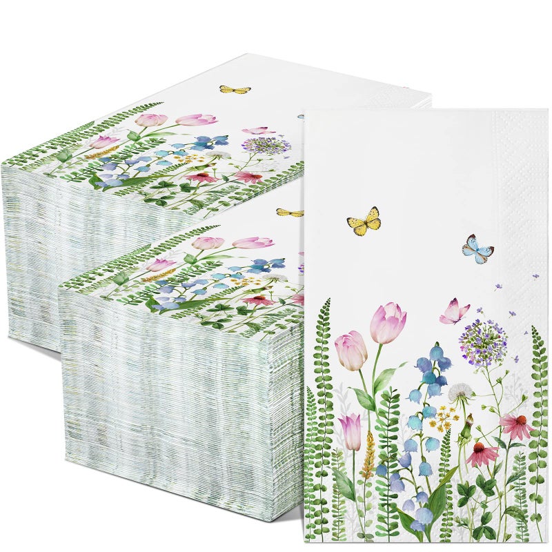 Eaasty 200 Pack Floral Paper Napkins 3 Ply Disposable Guest Napkins Spring Bathroom Flowers Wildflower Paper Guest Towels for Wedding Birthday Bridal Summer Tea Party