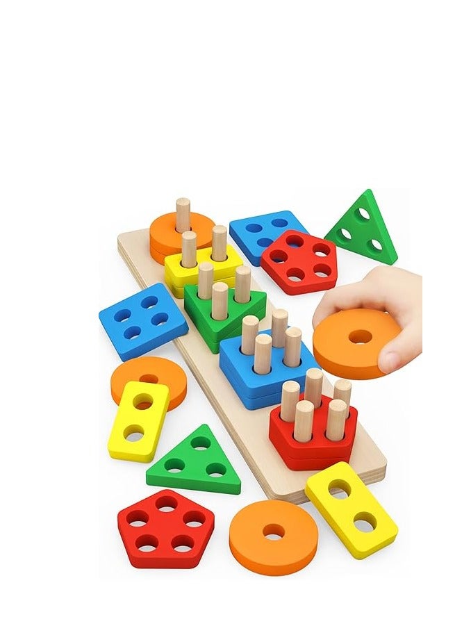 PEBIRA Montessori Toys for 1 to 3-Year-Old Boys Girls Toddlers, Wooden Sorting & Stacking Toys for Toddlers and Kids Preschool, Educational Toys, Color Recognition Stacker Shape Sorter, Learning Puzzles Gift - Image 1