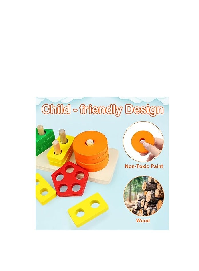 PEBIRA Montessori Toys for 1 to 3-Year-Old Boys Girls Toddlers, Wooden Sorting & Stacking Toys for Toddlers and Kids Preschool, Educational Toys, Color Recognition Stacker Shape Sorter, Learning Puzzles Gift - Image 2