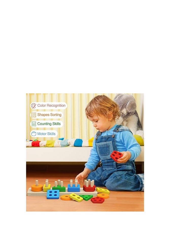 PEBIRA Montessori Toys for 1 to 3-Year-Old Boys Girls Toddlers, Wooden Sorting & Stacking Toys for Toddlers and Kids Preschool, Educational Toys, Color Recognition Stacker Shape Sorter, Learning Puzzles Gift - Image 4