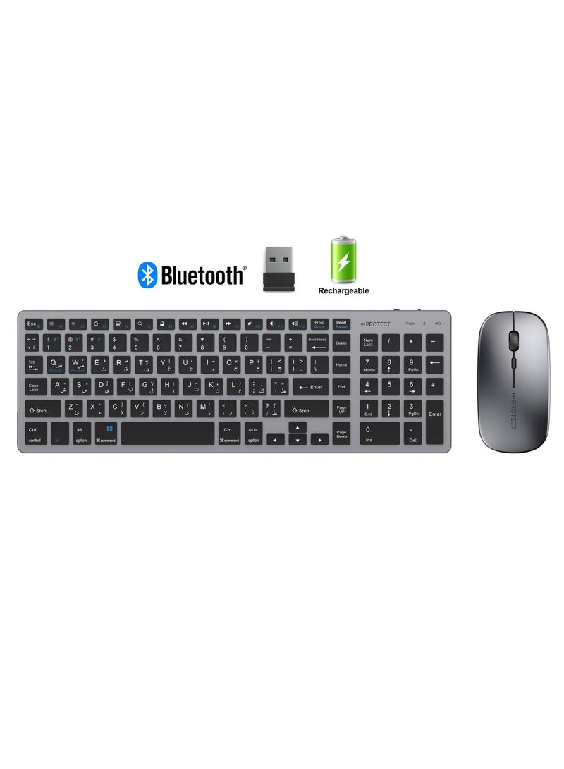بروتيكت مجموعة كيبورد و ماوس قابلة لإعادة الشحن 2.4G + بلوتوث بحجم كامل للكمبيوتر الشخصي، اللابتوب، سطح المكتب، آي ماك، آيباد، آيفون | توصيل وتشغيل، مدمجة ومريحة - Image 1