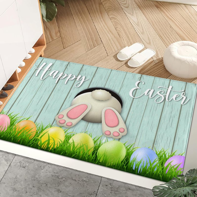 AUSTAB Easter Welcome Door Mat Bunny Tail Spring Floor Mat Indoor Outdoor Entrance Bathroom Door Mat Non-Slip Washable Greeting Party Decorations 17 X 29 Inches - Image 1