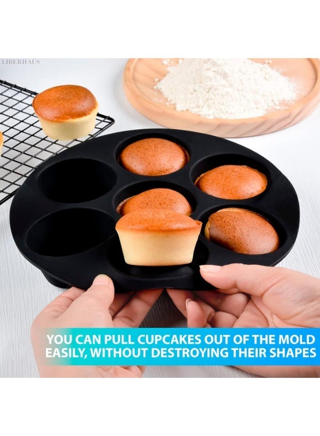 Silicone Air Fryer Muffin Pan | 7-Cavity Non-Stick Cupcake & Muffin Mold | Black & Grey Heat Resistant Baking Tray for Air Fryer, Oven, Microwave | Reusable, Flexible & Easy to Clean Baking Accessory - Image 1