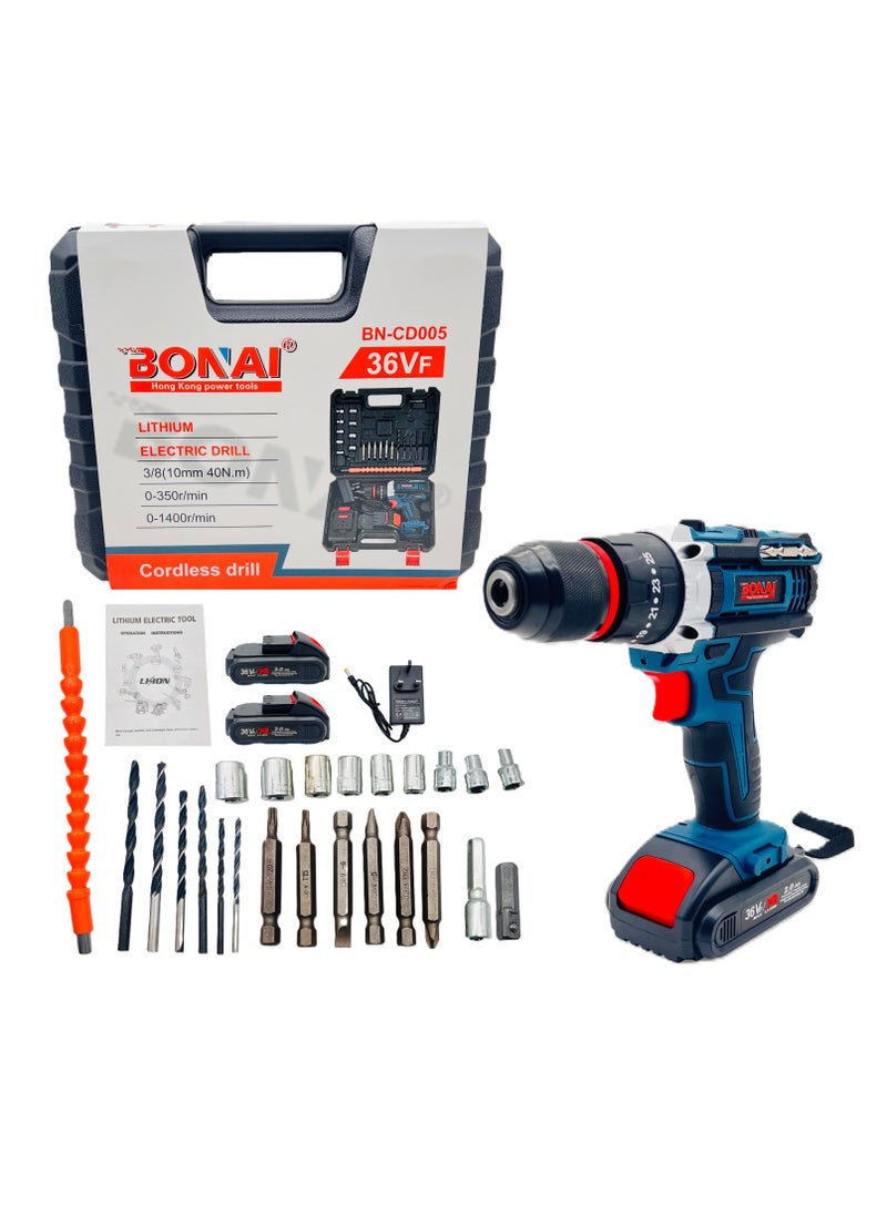 BONAI 36VF Cordless Electric Drill, 3/8" (10mm) Lithium-Ion Power Drill Set with 2.0Ah Battery, 40N.m Max Torque, 2-Speed 0-350/0-1400 RPM, with Carry Case and Accessories  - Image 1