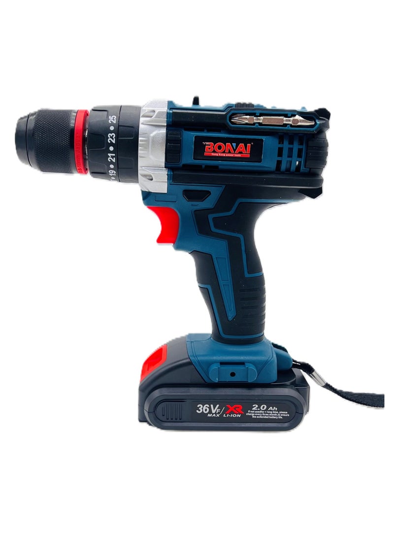 BONAI 36VF Cordless Electric Drill, 3/8" (10mm) Lithium-Ion Power Drill Set with 2.0Ah Battery, 40N.m Max Torque, 2-Speed 0-350/0-1400 RPM, with Carry Case and Accessories  - Image 2