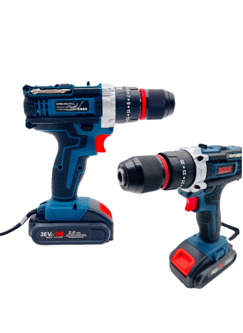 BONAI 36VF Cordless Electric Drill, 3/8" (10mm) Lithium-Ion Power Drill Set with 2.0Ah Battery, 40N.m Max Torque, 2-Speed 0-350/0-1400 RPM, with Carry Case and Accessories  - Image 4