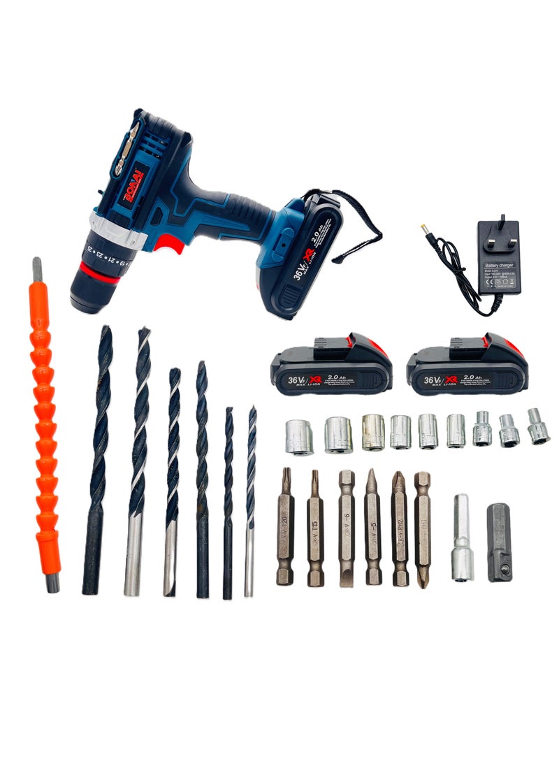 BONAI 36VF Cordless Electric Drill, 3/8" (10mm) Lithium-Ion Power Drill Set with 2.0Ah Battery, 40N.m Max Torque, 2-Speed 0-350/0-1400 RPM, with Carry Case and Accessories  - Image 5