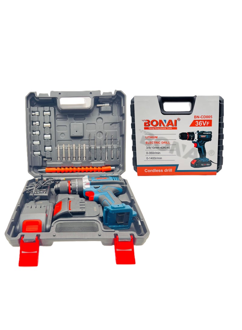 36VF Cordless Electric Drill, 3/8" (10mm) Lithium-Ion Power Drill Set with 2.0Ah Battery, 40N.m Max Torque, 2-Speed 0-350/0-1400 RPM, with Carry Case and Accessories