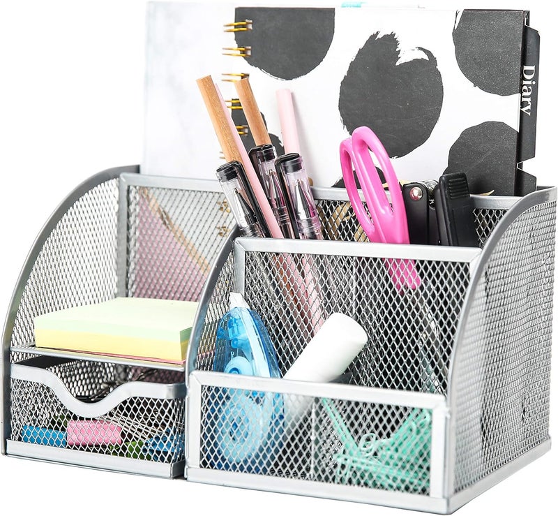 Exerz Desk Organiser/Mesh Desk Tidy Caddy/Pen Holder/Multifunctional Organiser with 7 Compartments - Silver Grey Colour - Image 1