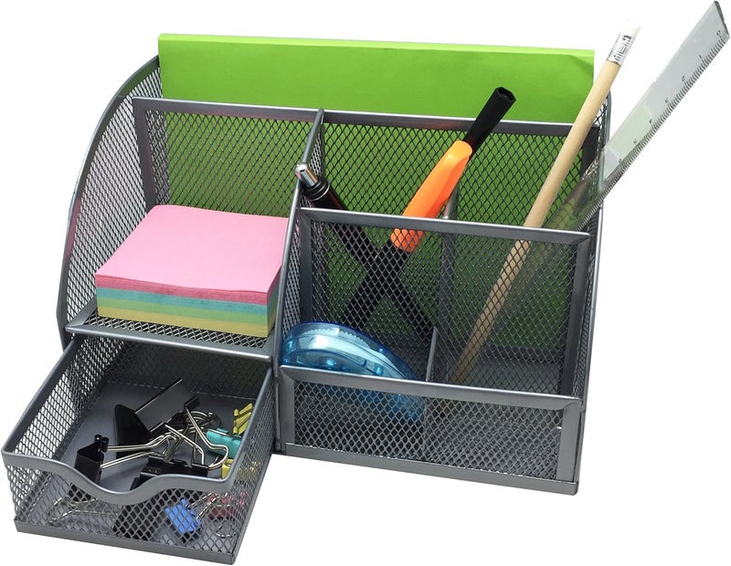 Exerz Desk Organiser/Mesh Desk Tidy Caddy/Pen Holder/Multifunctional Organiser with 7 Compartments - Silver Grey Colour - Image 3