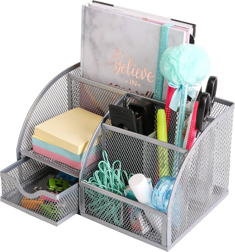 Exerz Desk Organiser/Mesh Desk Tidy Caddy/Pen Holder/Multifunctional Organiser with 7 Compartments - Silver Grey Colour - Image 2