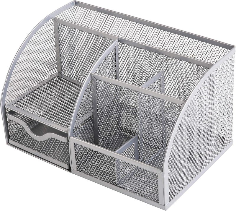 Exerz Desk Organiser/Mesh Desk Tidy Caddy/Pen Holder/Multifunctional Organiser with 7 Compartments - Silver Grey Colour - Image 4