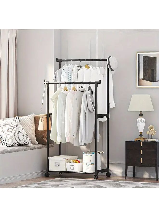 Adjustable Double Rod Floor Drying Rack With Wheels And Storage Shelves Black Portable Garment Hanger Organizer For Bedroom Laundry Room Dorm Durable Plastic Metal Clothes Standing Rack Metallic Finish Space Saving Design Sturdy Construction Small Space Living Housewarming Gift - Image 1