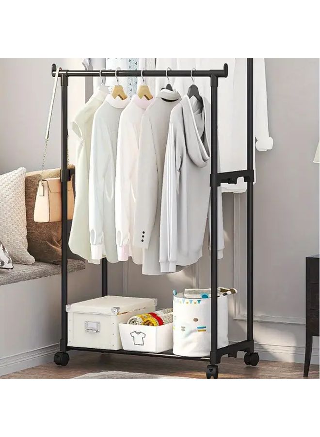 Adjustable Double Rod Floor Drying Rack With Wheels And Storage Shelves Black Portable Garment Hanger Organizer For Bedroom Laundry Room Dorm Durable Plastic Metal Clothes Standing Rack Metallic Finish Space Saving Design Sturdy Construction Small Space Living Housewarming Gift - Image 5