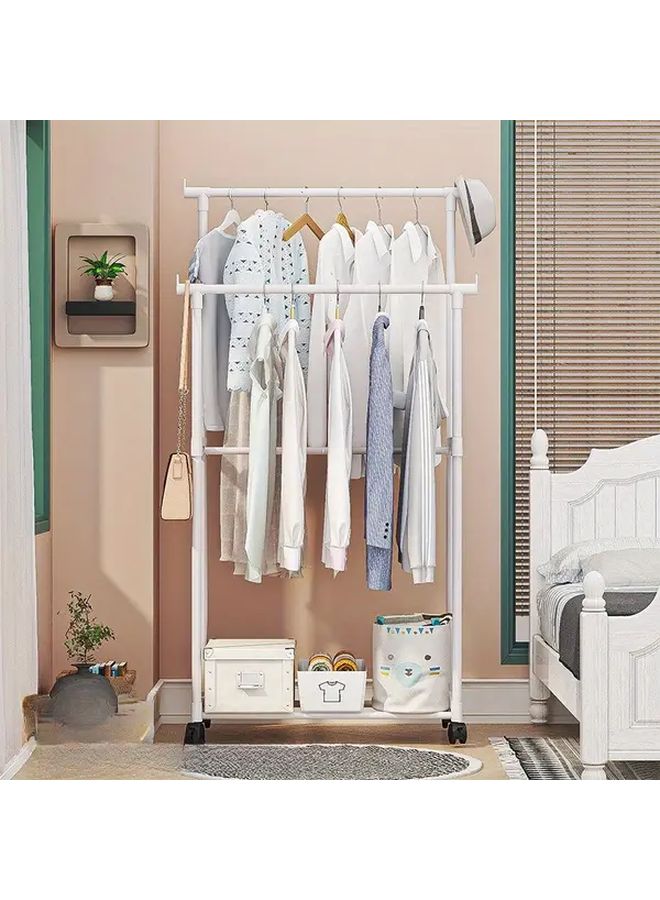 Adjustable Double Rod Floor Drying Rack With Wheels And Storage Shelves Black Portable Garment Hanger Organizer For Bedroom Laundry Room Dorm Durable Plastic Metal Clothes Standing Rack Metallic Finish Space Saving Design Sturdy Construction Small Space Living Housewarming Gift - Image 2
