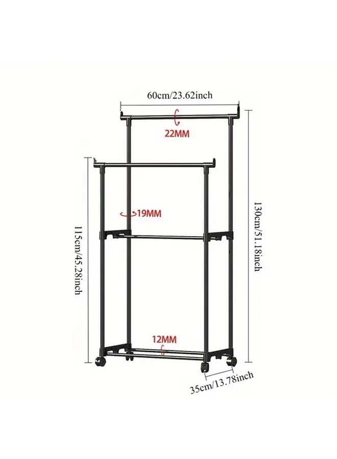 Adjustable Double Rod Floor Drying Rack With Wheels And Storage Shelves Black Portable Garment Hanger Organizer For Bedroom Laundry Room Dorm Durable Plastic Metal Clothes Standing Rack Metallic Finish Space Saving Design Sturdy Construction Small Space Living Housewarming Gift - Image 3