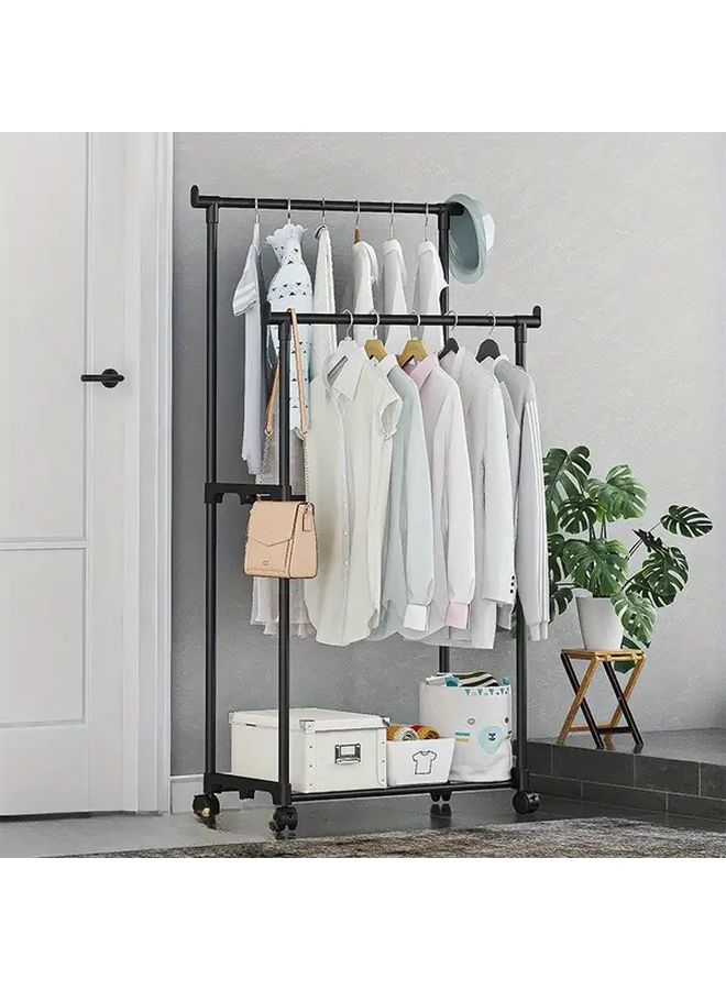 Adjustable Double Rod Floor Drying Rack With Wheels And Storage Shelves Black Portable Garment Hanger Organizer For Bedroom Laundry Room Dorm Durable Plastic Metal Clothes Standing Rack Metallic Finish Space Saving Design Sturdy Construction Small Space Living Housewarming Gift - Image 4