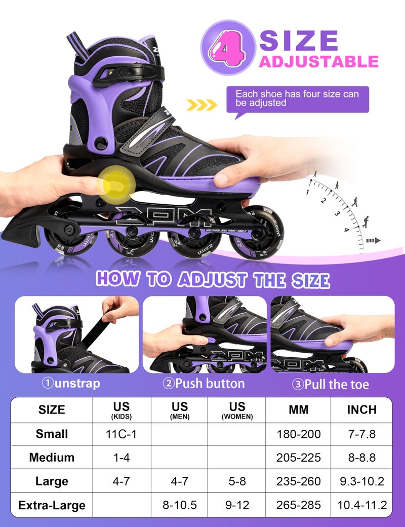 2PM SPORTS Kids Adjustable Inline Skates Ages 4-12, Youth Inlie Skates for Girls Boys 5-8 8-12 with Full Light Up Wheels, Beginner Women Adult Skates - Purple Medium - Image 4