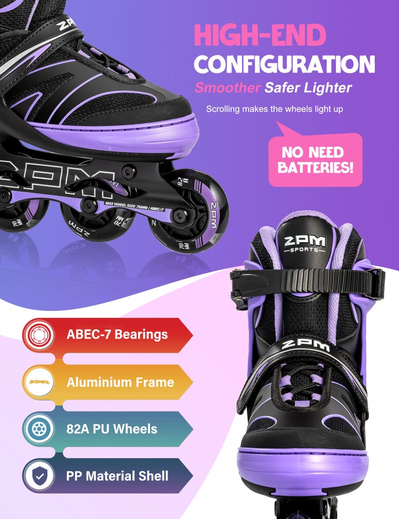2PM SPORTS Kids Adjustable Inline Skates Ages 4-12, Youth Inlie Skates for Girls Boys 5-8 8-12 with Full Light Up Wheels, Beginner Women Adult Skates - Purple Medium - Image 3