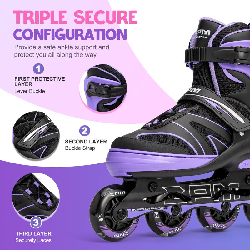 2PM SPORTS Kids Adjustable Inline Skates Ages 4-12, Youth Inlie Skates for Girls Boys 5-8 8-12 with Full Light Up Wheels, Beginner Women Adult Skates - Purple Medium - Image 2