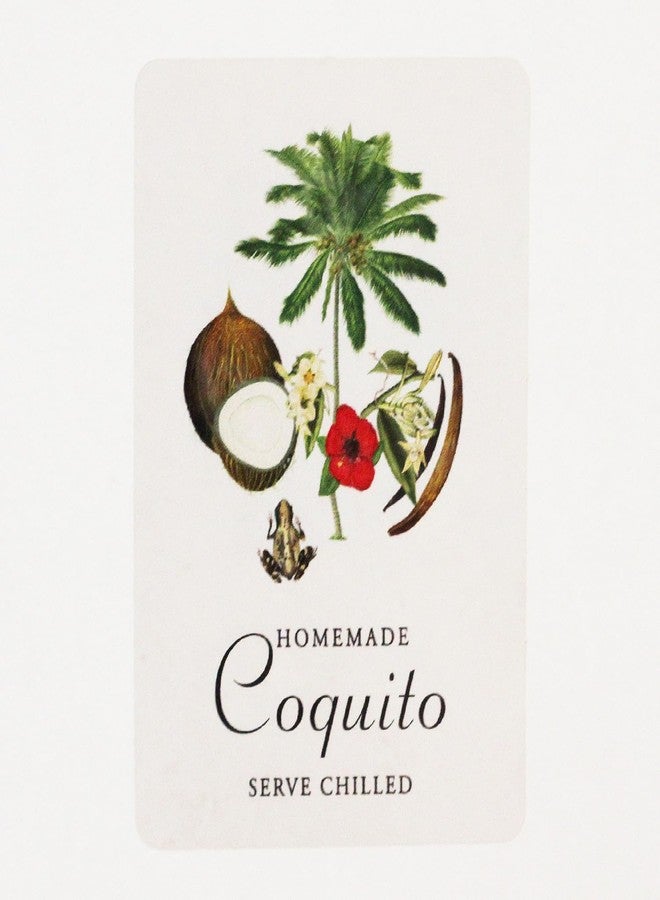 Nancy Nikko COQUITO (Hibiscus) Labels with Graphic of Coconut, Vanilla Bean, Palm Tree, Frog and Hibiscus. 2" Wide X 3" Tall (12) - Image 1