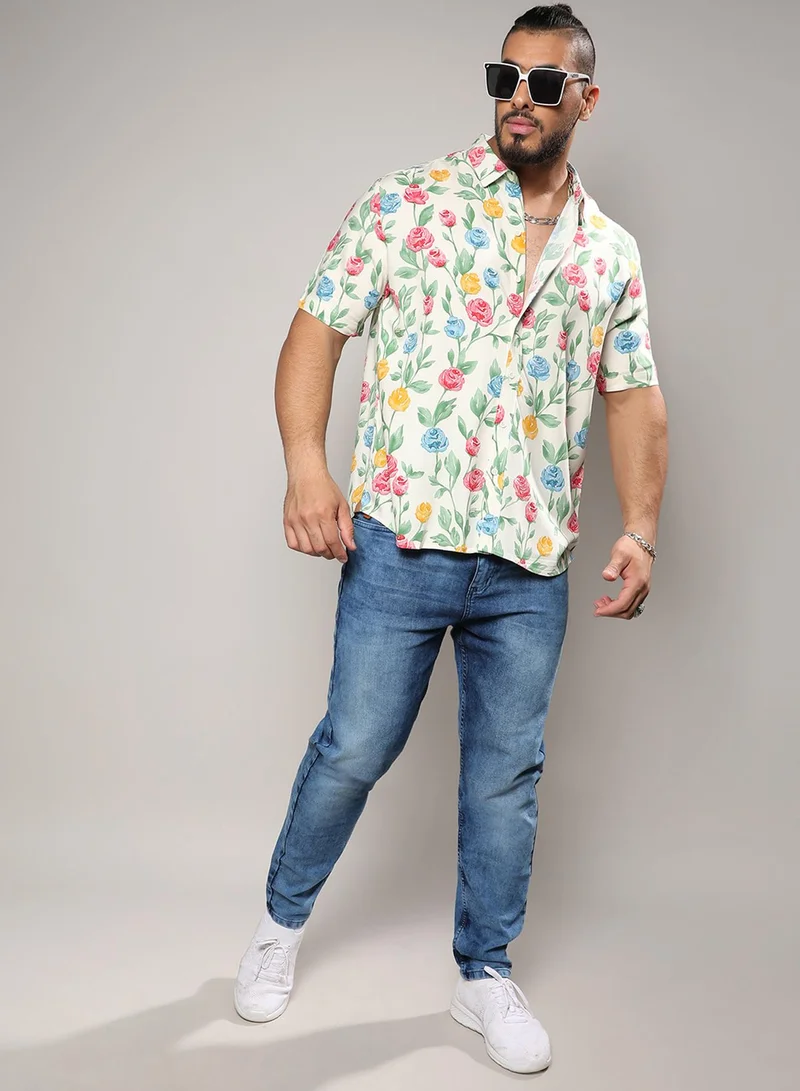 Instafab Plus Instafab Plus Men's Multicolour Rose Garden Print Shirt For Casual Wear | Spread Collar | Short Sleeve | Button Closure | Heavy Rayon Shirt Crafted With Comfort Fit For Everyday Wear