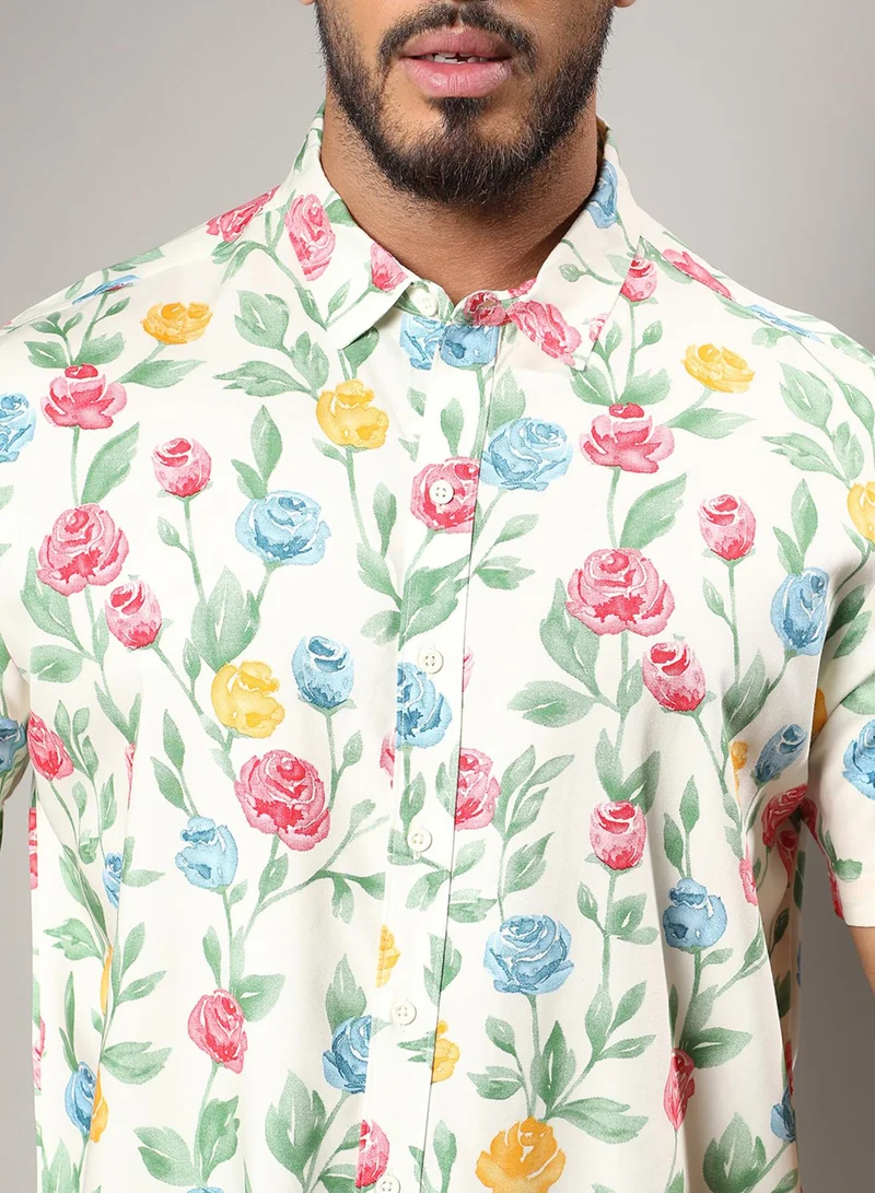 Instafab Plus Instafab Plus Men's Multicolour Rose Garden Print Shirt For Casual Wear | Spread Collar | Short Sleeve | Button Closure | Heavy Rayon Shirt Crafted With Comfort Fit For Everyday Wear