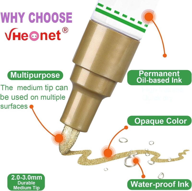 VHEONET أقلام الطلاء، أقلام التحديد بالطلاء - 18 قلم تحديد متعدد قائم على الزيت مقاوم للماء للإطارات، المطاط، الخشب، الصخور، المعدن، القماش، البلاستيك، الأسطح الداكنة، مستلزمات الحرف والمكتب، رأس متوسط - Image 3