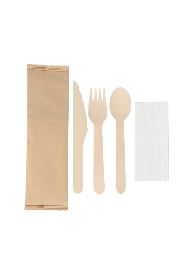 أدوات مائدة خشبية يمكن التخلص منها مغلفة بشوكة وملعقة وسكين ومنديل للحفلات وحفلات الزفاف والنزهات، كيس واحد يحتوي على 20 مجموعة من ورق التغليف الكرافت - Image 1