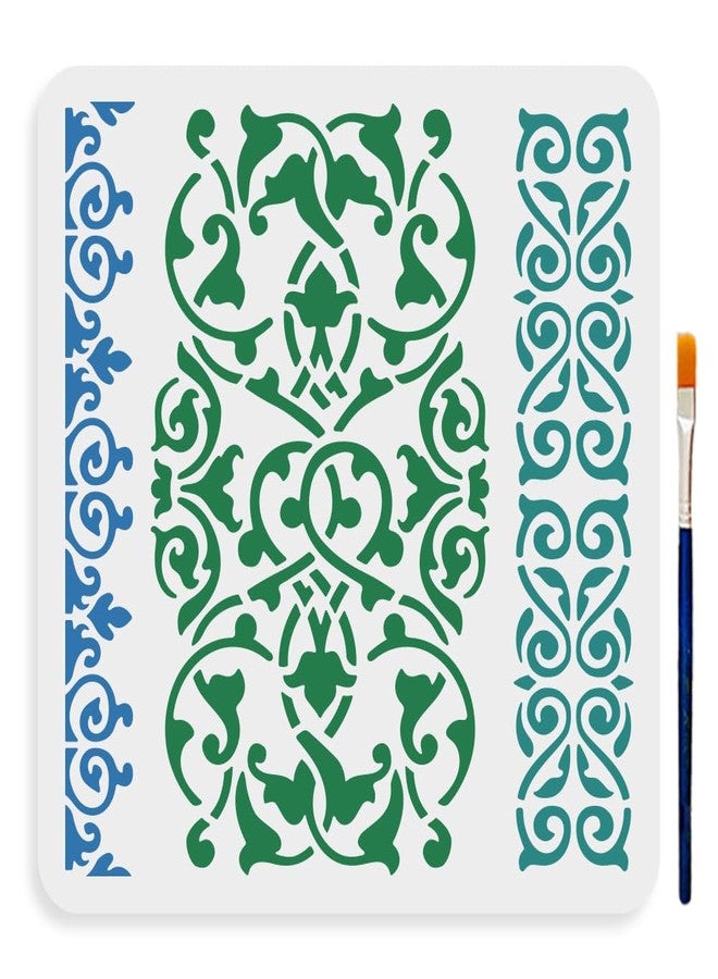 MAYJOYDIY Persian Border Flowers Stencil 11.8×11.8inch 3 Types Floral Border Stencils for Crafts with Paint Brush Reusable Floral Edge Templates for Wall Canvas Fabric Paper DIY Furniture - Image 1
