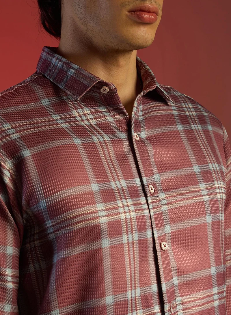 Campus Sutra Men's Brick Brown Tartan Plaid Shirt