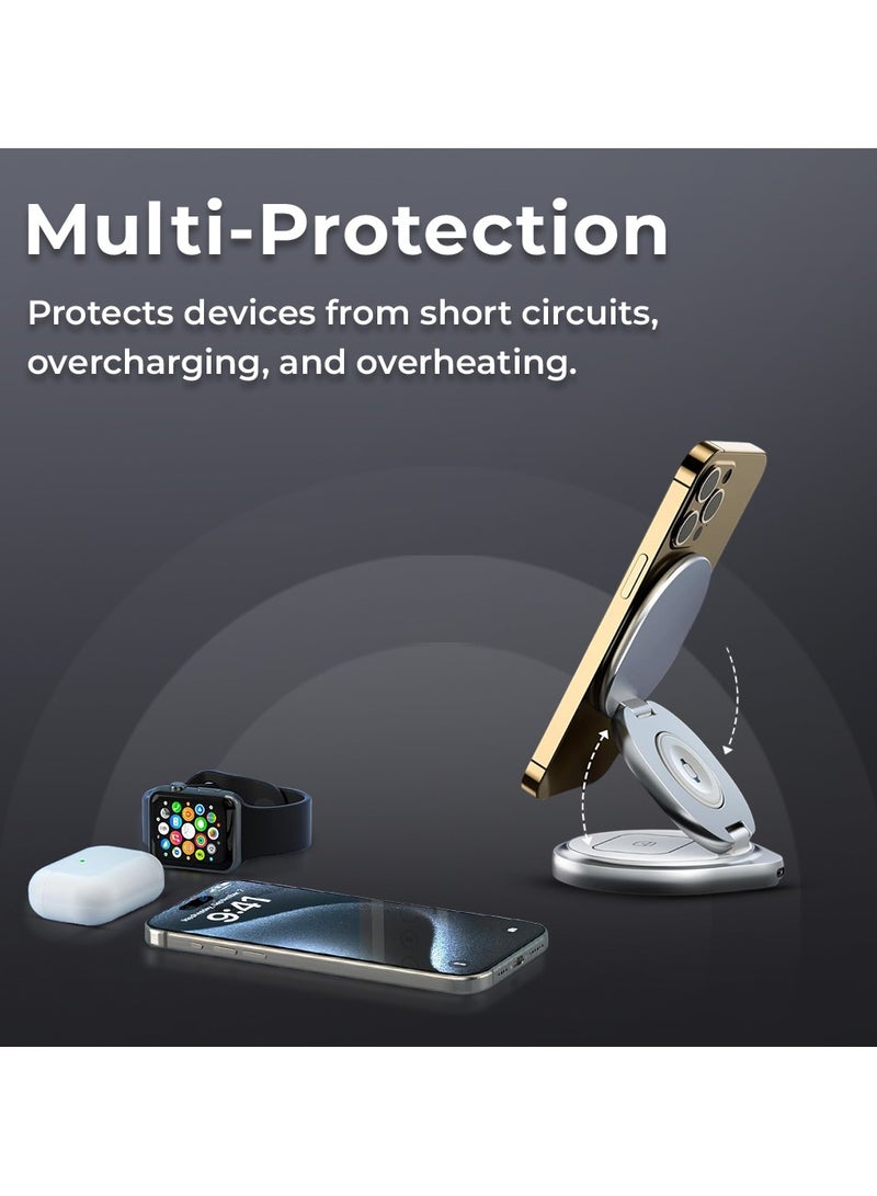 glassology 3 in 1 Wireless Charger Magnetic Fast Wireless Charging Pad Compatible with iPhone 15/14/13/12/SE/11 Apple Watch Earbuds White - Image 3