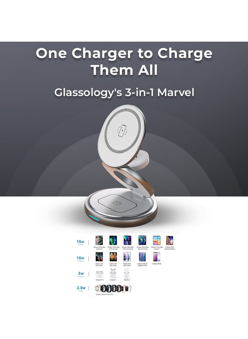 glassology 3 in 1 Wireless Charger Magnetic Fast Wireless Charging Pad Compatible with iPhone 15/14/13/12/SE/11 Apple Watch Earbuds White - Image 2