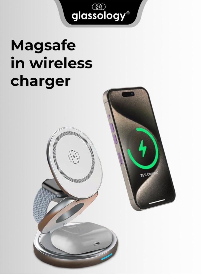 glassology 3 in 1 Wireless Charger Magnetic Fast Wireless Charging Pad Compatible with iPhone 15/14/13/12/SE/11 Apple Watch Earbuds White - Image 1