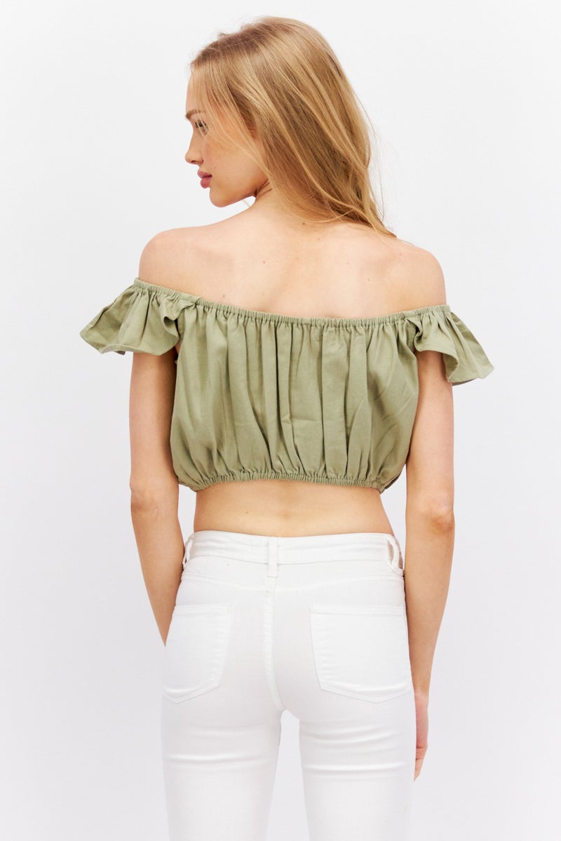 Missguided Women Off Shoulder Short Sleeve Solid Crop Top, Khaki - Image 3