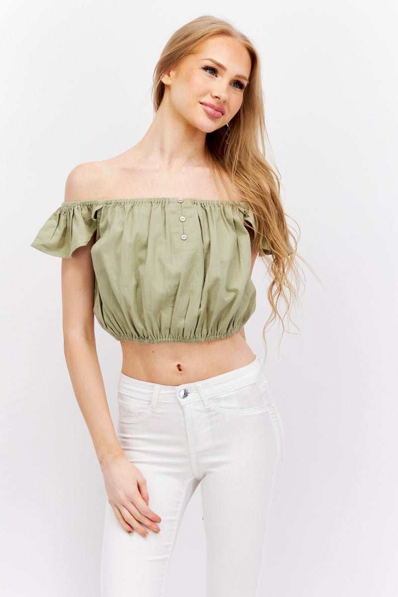 Missguided Women Off Shoulder Short Sleeve Solid Crop Top, Khaki - Image 1