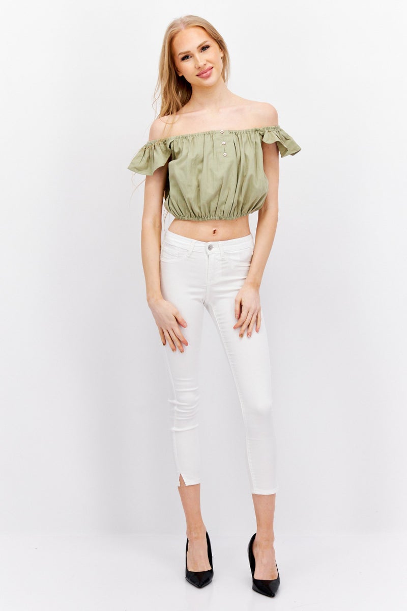 Missguided Women Off Shoulder Short Sleeve Solid Crop Top, Khaki - Image 2